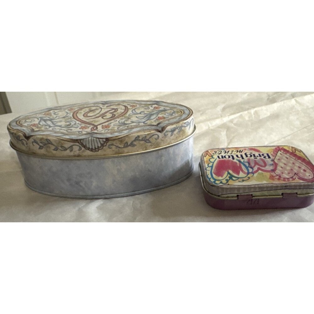 2 PC Brighton Jewelry Gift Box Metal Floral Tin Oval & Mint Box Empty Storage - Picture 4 of 8